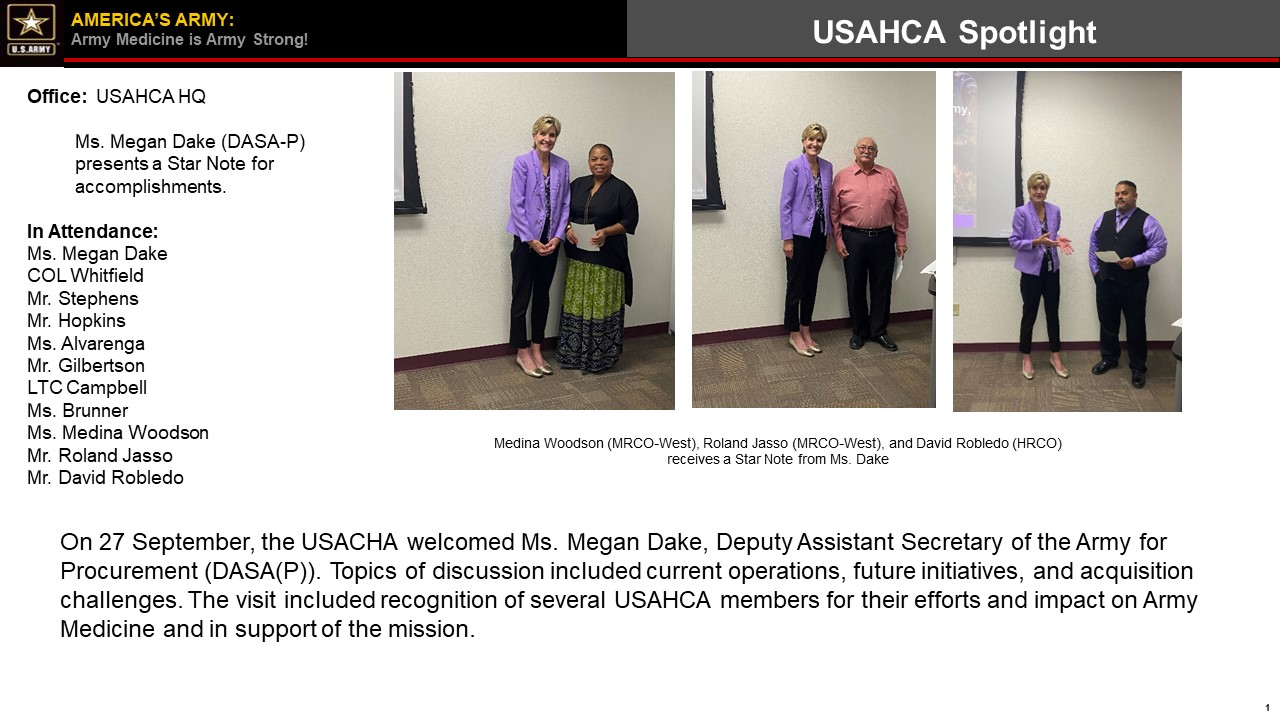 USAHCA HQ welcome DASA(P)